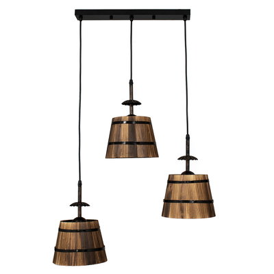 GloboStar® CEBU 00889 Vintage Κρεμαστό Φωτιστικό Καπέλο Τρίφωτο 3 x E27 IP20 Μαύρο Μέταλλο με Καφέ Ξύλο - Μ55.5 x Π18.5 x Y210cm