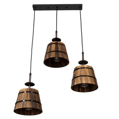 GloboStar® CEBU 00889 Vintage Κρεμαστό Φωτιστικό Καπέλο Τρίφωτο 3 x E27 IP20 Μαύρο Μέταλλο με Καφέ Ξύλο - Μ55.5 x Π18.5 x Y210cm