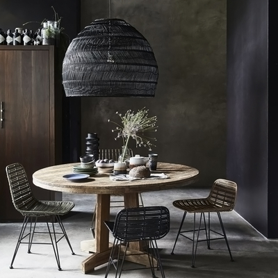 GloboStar® MALIBU 00966 Boho Κρεμαστό Φωτιστικό Πλέγμα Μονόφωτο 1 x E27 IP20 Μαύρο Ξύλο - Μ100 x Π100 x Y86cm