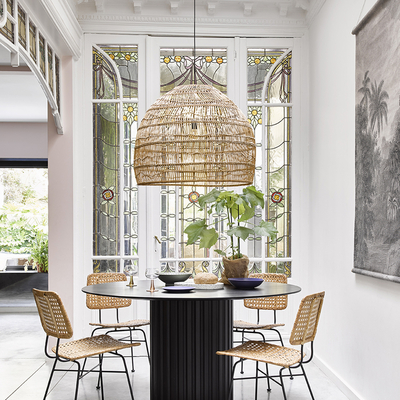 GloboStar® MALIBU 00974 Boho Κρεμαστό Φωτιστικό Πλέγμα Μονόφωτο 1 x E27 IP20 Μπεζ Ξύλο - Μ100 x Π100 x Υ86cm