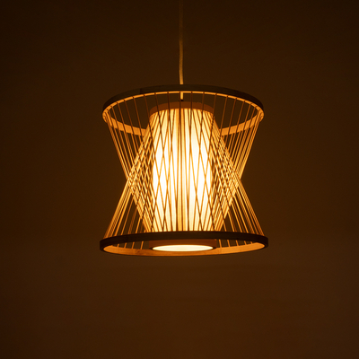 GloboStar® HIBISCUS 01632 Boho Κρεμαστό Φωτιστικό Καπέλο Μονόφωτο 1 x E27 IP20 Μπεζ Ξύλο - Μ35 x Π35 x Y30cm