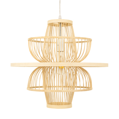 GloboStar® BALI 00861 Boho Κρεμαστό Φωτιστικό Πλέγμα Μονόφωτο 1 x E27 IP20 Μπεζ Ξύλο - Μ45 x Π45 x Υ42.5cm