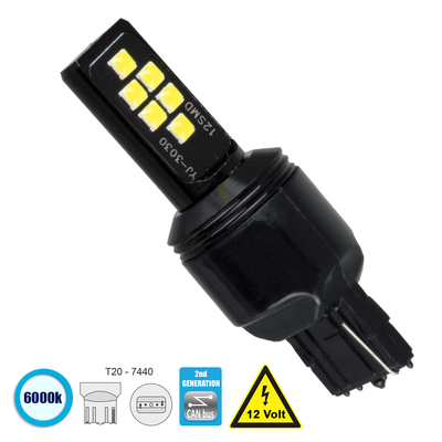 GloboStar® 81157 Λάμπα Αυτοκίνητου T20 - 7440 - W21W 2nd Generation Can-Bus Series LED 12 SMD 3030 8W 1200lm 360° DC 12V IP20 Ψυχρό Λευκό 6000K
