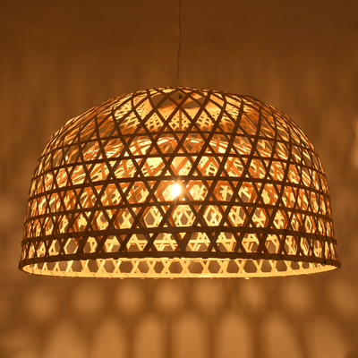 GloboStar® MANGEA 00717 Boho Κρεμαστό Φωτιστικό Πλέγμα Μονόφωτο 1 x E27 IP20 Μπεζ Ξύλο - Μ100 x Π100 x Υ59cm