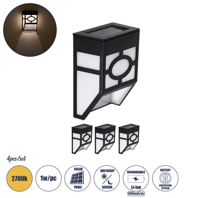 GloboStar® 85707 ΣΕΤ 4 Τεμαχίων Αυτόνομα Ηλιακά Φωτιστικά Τοίχου Μαύρα-Λευκά LED SMD 1W 100lm με Ενσωματωμένη Μπαταρία 600mAh - Φωτοβολταϊκό Πάνελ με Αισθητήρα Ημέρας-Νύχτας Αδιάβροχα IP65 Θερμό Λευκό 3000K