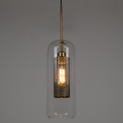 GloboStar® AVERY 00741 Μοντέρνο Κρεμαστό Φωτιστικό Πλέγμα Μονόφωτο 1 x E27 IP20 Διάφανο Γυαλί με Χρυσό Μέταλλο - Μ15 x Π15 x Υ60cm