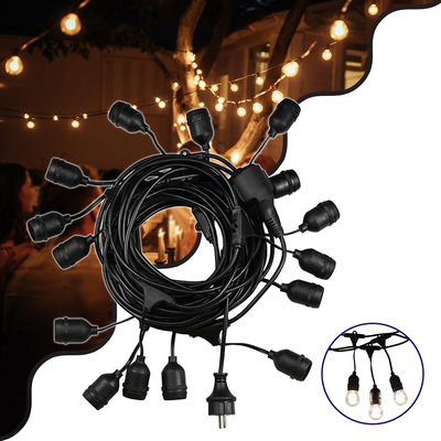 GloboStar® 78984 WIRE GARLAND Καλωδιογιρλάντα PVC 15 Μέτρων με 15 Ντουί E27 με Πρίζα Schuko Επεκτεινόμενη Αδιάβροχη IP65