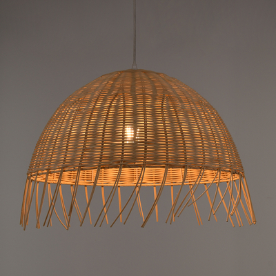 GloboStar® JAKARTA 00712 Boho Κρεμαστό Φωτιστικό Καμπάνα Μονόφωτο 1 x E27 IP20 Μπέζ Ξύλο - Μ50 x Π50 x Υ36cm