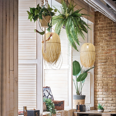 GloboStar® MANILA 00713 Boho Κρεμαστό Φωτιστικό Πλέγμα Μονόφωτο 1 x E27 IP20 Μπέζ Ξύλο - Μ50 x Π50 x Υ70cm