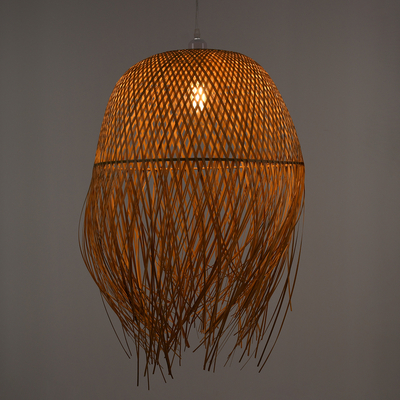 GloboStar® MANILA 00713 Boho Κρεμαστό Φωτιστικό Πλέγμα Μονόφωτο 1 x E27 IP20 Μπέζ Ξύλο - Μ50 x Π50 x Υ70cm