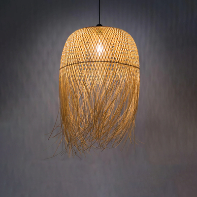 GloboStar® MANILA 00713 Boho Κρεμαστό Φωτιστικό Πλέγμα Μονόφωτο 1 x E27 IP20 Μπέζ Ξύλο - Μ50 x Π50 x Υ70cm