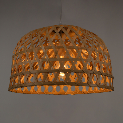 GloboStar® MANGEA 00716 Boho Κρεμαστό Φωτιστικό Πλέγμα Μονόφωτο 1 x E27 IP20 Μπέζ Ξύλο - Μ50 x Π50 x Υ34cm