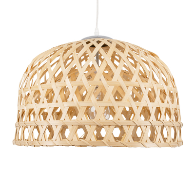 GloboStar® MANGEA 00716 Boho Κρεμαστό Φωτιστικό Πλέγμα Μονόφωτο 1 x E27 IP20 Μπέζ Ξύλο - Μ50 x Π50 x Υ34cm