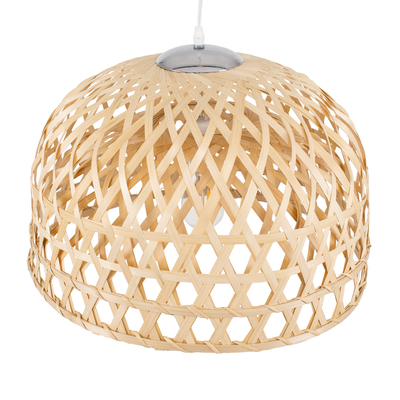 GloboStar® MANGEA 00716 Boho Κρεμαστό Φωτιστικό Πλέγμα Μονόφωτο 1 x E27 IP20 Μπέζ Ξύλο - Μ50 x Π50 x Υ34cm