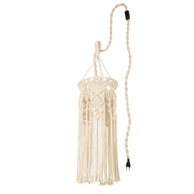 GloboStar® BAHRI 36211 Boho Κρεμαστό Φωτιστικό Μακραμέ Μονόφωτο 1 x E27 IP20 Μπεζ Ύφασμα - Μ20 x Π20 x Υ65cm