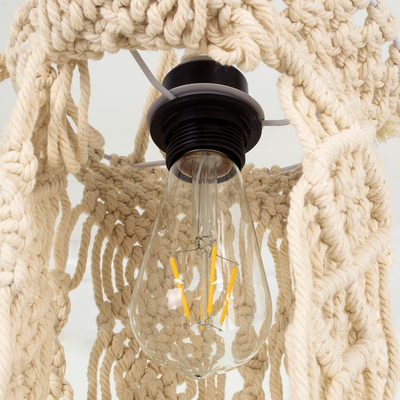 GloboStar® BAHRI 36211 Boho Κρεμαστό Φωτιστικό Μακραμέ Μονόφωτο 1 x E27 IP20 Μπεζ Ύφασμα - Μ20 x Π20 x Υ65cm