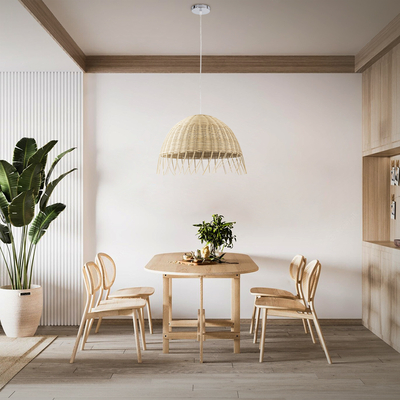 GloboStar® JAKARTA 00712 Boho Κρεμαστό Φωτιστικό Καμπάνα Μονόφωτο 1 x E27 IP20 Μπέζ Ξύλο - Μ50 x Π50 x Υ36cm