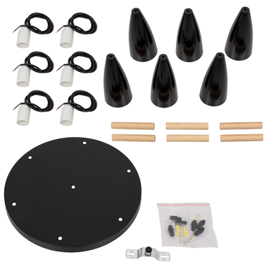 GloboStar® DILLON 00628 Μοντέρνο Κρεμαστό Φωτιστικό Καμπάνα Πολύφωτο 6 x E27 IP20 Μαύρο Μέταλλο με Μπεζ Ξύλο - Μ52 x Π52 x Y130cm