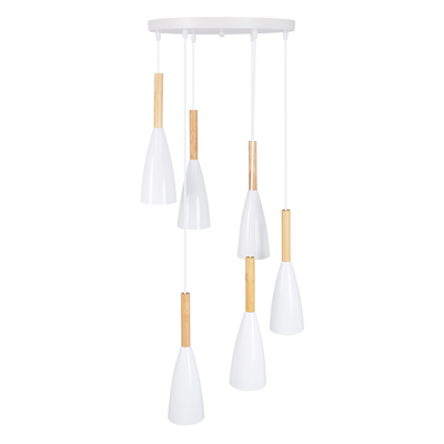 GloboStar® DILLON 00629 Μοντέρνο Κρεμαστό Φωτιστικό Καμπάνα Πολύφωτο 6 x E27 IP20 Λευκό Μέταλλο με Μπεζ Ξύλο - Μ52 x Π52 x Y130cm