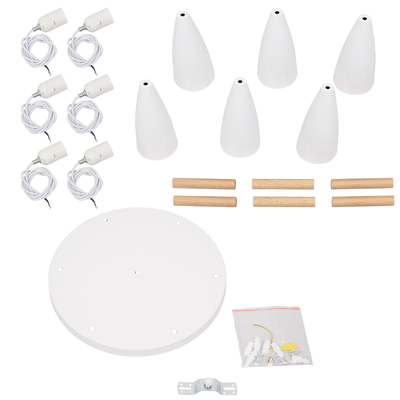 GloboStar® DILLON 00629 Μοντέρνο Κρεμαστό Φωτιστικό Καμπάνα Πολύφωτο 6 x E27 IP20 Λευκό Μέταλλο με Μπεζ Ξύλο - Μ52 x Π52 x Y130cm