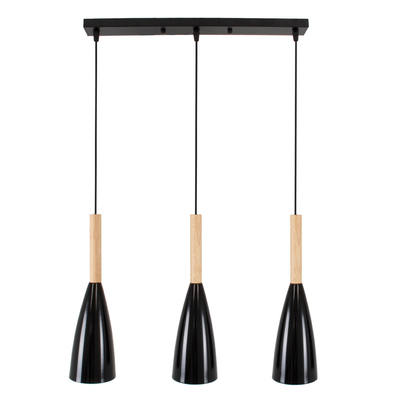 GloboStar® DILLON 00630 Μοντέρνο Κρεμαστό Φωτιστικό Ράγα Τρίφωτο 3 x E27 IP20 Μαύρο Μέταλλο με Μπεζ Ξύλο - Μ54 x Π14 x Υ130cm