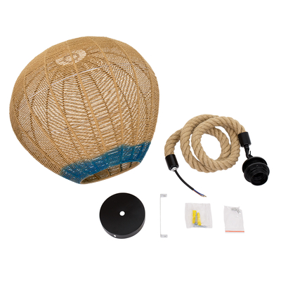 GloboStar® SIMON 00727 Boho Κρεμαστό Φωτιστικό Ανάρτηση Μονόφωτο 1 x E27 IP20 Μπεζ & Μπλε Σχοινί - Μ50 x Π50 x Y47cm