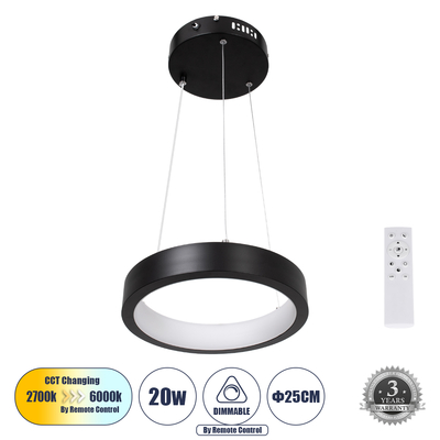 GloboStar® NEMESIS 61152 Κρεμαστό Φωτιστικό Δαχτυλίδι-Κύκλος LED CCT 20W 2356lm 360° AC 220-240V - Εναλλαγή Φωτισμού μέσω Τηλεχειριστηρίου All In One Ψυχρό 6000k+Φυσικό 4500k+Θερμό 2700k Dimmable Φ25cm - Μαύρο - 3 Years Warranty