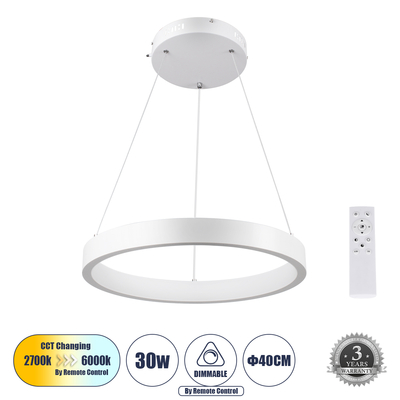 GloboStar® NEMESIS 61156 Κρεμαστό Φωτιστικό Δαχτυλίδι-Κύκλος LED CCT 30W 3513lm 360° AC 220-240V - Εναλλαγή Φωτισμού μέσω Τηλεχειριστηρίου All In One Ψυχρό 6000k+Φυσικό 4500k+Θερμό 2700k Dimmable Φ40cm - Λευκό - 3 Years Warranty