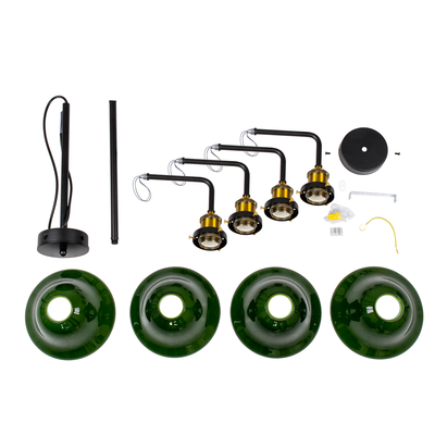 GloboStar® LIBRARY 00769 Vintage Φωτιστικό Οροφής Καμπάνα Πολύφωτο 4 x E27 IP20 Μαύρο & Χρυσό Μέταλλο με Πράσινο Γυαλί - Μ57 x Π57 x Υ90cm