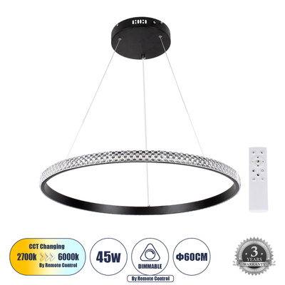 GloboStar® DIAMOND 61130 Κρεμαστό Φωτιστικό Δαχτυλίδι-Κύκλος LED CCT 45W 5230lm 360° AC 220-240V - Εναλλαγή Φωτισμού μέσω Τηλεχειριστηρίου All In One Ψυχρό 6000k+Φυσικό 4500k+Θερμό 2700k Dimmable Φ60cm - Μαύρο - 3 Years Warranty