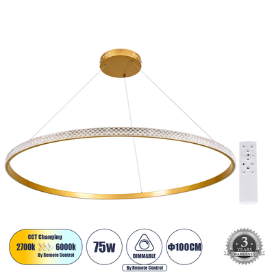 GloboStar® DIAMOND 61135 Κρεμαστό Φωτιστικό Δαχτυλίδι-Κύκλος LED CCT 75W 8743lm 360° AC 220-240V - Εναλλαγή Φωτισμού μέσω Τηλεχειριστηρίου All In One Ψυχρό 6000k+Φυσικό 4500k+Θερμό 2700k Dimmable Φ100cm - Χρυσό Βούρτσας - 3 Years Warranty