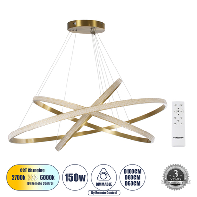 GloboStar® DIAMOND TRIO 61141-DECO Κρεμαστό Φωτιστικό Δαχτυλίδι-Κύκλος LED CCT 150W 18379lm 360° AC 220-240V - Εναλλαγή Φωτισμού μέσω Τηλεχειριστηρίου All In One Ψυχρό 6000k+Φυσικό 4500k+Θερμό 2700k Dimmable Φ60+80+100cm - Χρυσό Βούρτσας - 3 Years Warrant