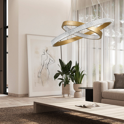 GloboStar® DIAMOND DUO 61151-DECO Κρεμαστό Φωτιστικό Δαχτυλίδι-Κύκλος LED CCT 75W 8743lm 360° AC 220-240V - Εναλλαγή Φωτισμού μέσω Τηλεχειριστηρίου All In One Ψυχρό 6000k+Φυσικό 4500k+Θερμό 2700k Dimmable Φ40+60cm - Χρυσό Βούρτσας - 3 Years Warranty