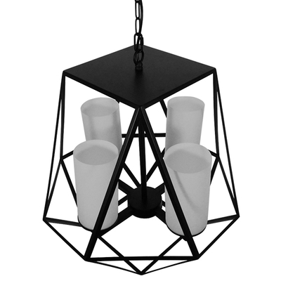 GloboStar® DASTAR 01001-1 Vintage Κρεμαστό Φωτιστικό Πλέγμα Πολύφωτο 4 x E27 IP20 Μαύρο Μέταλλο με Λευκό Γυαλί - Μ52 x Π52 x Υ53cm