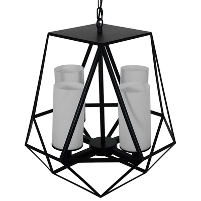 GloboStar® DASTAR 01001-1 Vintage Κρεμαστό Φωτιστικό Πλέγμα Πολύφωτο 4 x E27 IP20 Μαύρο Μέταλλο με Λευκό Γυαλί - Μ52 x Π52 x Υ53cm