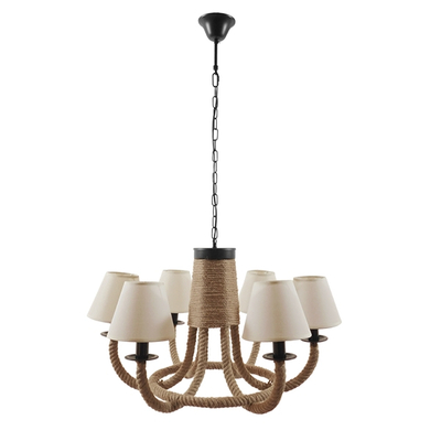 GloboStar® VERONE 10001020 Vintage Κρεμαστό Φωτιστικό Πλέγμα Πολύφωτο 6 x E14 IP20 Μπεζ Ύφασμα με Μπεζ Σχοινί - Μ65 x Π65 x Υ45cm