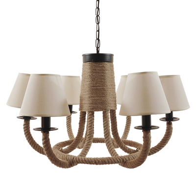 GloboStar® VERONE 10001020 Vintage Κρεμαστό Φωτιστικό Πλέγμα Πολύφωτο 6 x E14 IP20 Μπεζ Ύφασμα με Μπεζ Σχοινί - Μ65 x Π65 x Υ45cm