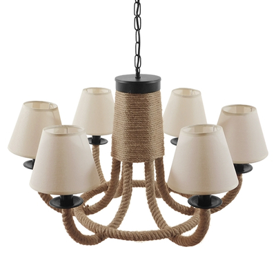 GloboStar® VERONE 10001020 Vintage Κρεμαστό Φωτιστικό Πλέγμα Πολύφωτο 6 x E14 IP20 Μπεζ Ύφασμα με Μπεζ Σχοινί - Μ65 x Π65 x Υ45cm