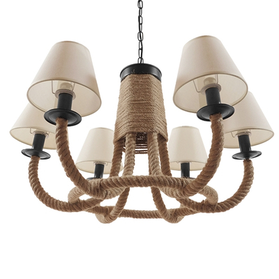 GloboStar® VERONE 10001020 Vintage Κρεμαστό Φωτιστικό Πλέγμα Πολύφωτο 6 x E14 IP20 Μπεζ Ύφασμα με Μπεζ Σχοινί - Μ65 x Π65 x Υ45cm