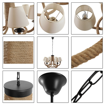 GloboStar® VERONE 10001020 Vintage Κρεμαστό Φωτιστικό Πλέγμα Πολύφωτο 6 x E14 IP20 Μπεζ Ύφασμα με Μπεζ Σχοινί - Μ65 x Π65 x Υ45cm