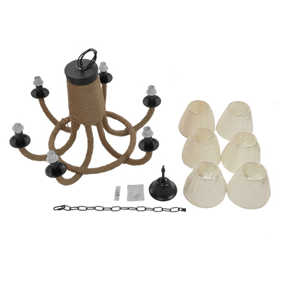 GloboStar® VERONE 10001020 Vintage Κρεμαστό Φωτιστικό Πλέγμα Πολύφωτο 6 x E14 IP20 Μπεζ Ύφασμα με Μπεζ Σχοινί - Μ65 x Π65 x Υ45cm