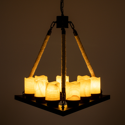 GloboStar® DOME 10001021 Vintage Κρεμαστό Φωτιστικό Ανάρτηση Πολύφωτο 9 x E27 Μαύρο Μέταλλο, Μπεζ Σχοινί με Μπεζ Όνυχα - Μ68 x Π60 x Υ50cm