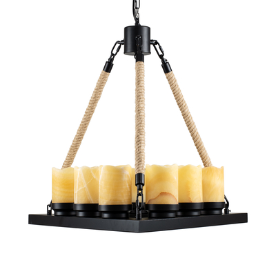 GloboStar® DOME 10001021 Vintage Κρεμαστό Φωτιστικό Ανάρτηση Πολύφωτο 9 x E27 Μαύρο Μέταλλο, Μπεζ Σχοινί με Μπεζ Όνυχα - Μ68 x Π60 x Υ50cm