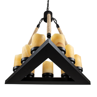 GloboStar® DOME 10001021 Vintage Κρεμαστό Φωτιστικό Ανάρτηση Πολύφωτο 9 x E27 Μαύρο Μέταλλο, Μπεζ Σχοινί με Μπεζ Όνυχα - Μ68 x Π60 x Υ50cm