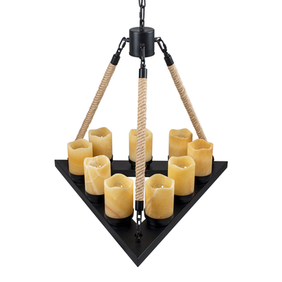 GloboStar® DOME 10001021 Vintage Κρεμαστό Φωτιστικό Ανάρτηση Πολύφωτο 9 x E27 Μαύρο Μέταλλο, Μπεζ Σχοινί με Μπεζ Όνυχα - Μ68 x Π60 x Υ50cm