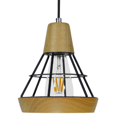 GloboStar® AKRON 10001133 Μοντέρνο Κρεμαστό Φωτιστικό Πλέγμα Μονόφωτο 1 x E27 IP20 Μπεζ Ξύλο με Μαύρο Μέταλλο - Μ19 x Π19 x Υ22cm