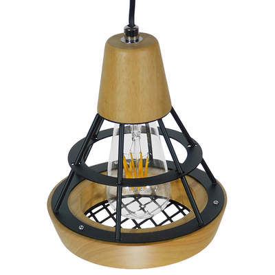 GloboStar® AKRON 10001133 Μοντέρνο Κρεμαστό Φωτιστικό Πλέγμα Μονόφωτο 1 x E27 IP20 Μπεζ Ξύλο με Μαύρο Μέταλλο - Μ19 x Π19 x Υ22cm