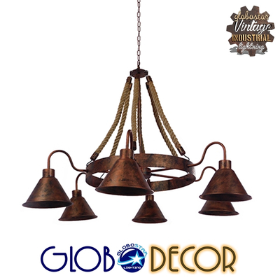 GloboStar® CAMELOT 10001191 Vintage Κρεμαστό Φωτιστικό Ανάρτηση Πολύφωτο 6 x E27 IP20 Χάλκινο Μέταλλο με Μπεζ Σχοινί - Μ92 x Π92 x Υ118cm
