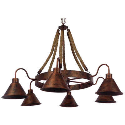 GloboStar® CAMELOT 10001191 Vintage Κρεμαστό Φωτιστικό Ανάρτηση Πολύφωτο 6 x E27 IP20 Χάλκινο Μέταλλο με Μπεζ Σχοινί - Μ92 x Π92 x Υ118cm