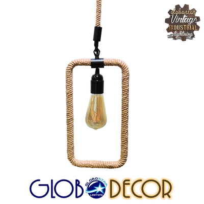 GloboStar® MALVERN 10001237 Vintage Κρεμαστό Φωτιστικό Ανάρτηση Μονόφωτο 1 x E27 IP20 Μαύρο Μέταλλο με Μπεζ Σχοινί - Μ33 x Π18 x Υ22cm